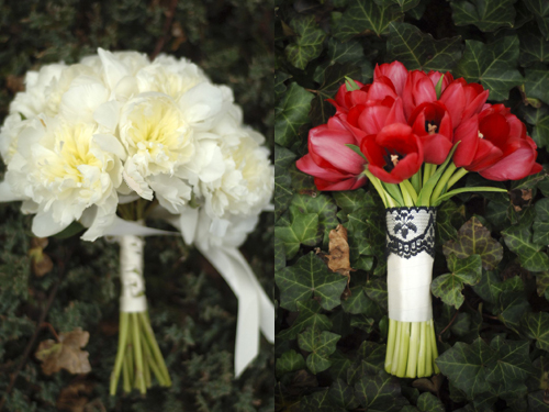 Peony bouquet & Tulip Bouqet, love the lace detail.